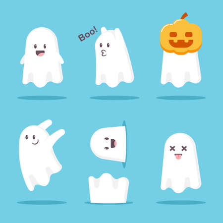 Cute cartoon ghost set. Vector Halloween funny character monster isolated on white background.のイラスト素材
