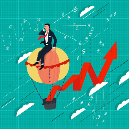 Businessman on a balloon. Graph profits. Business concept illustration.のイラスト素材