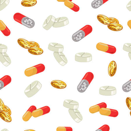 Medicine pills and tablets for adults and children. Vector seamless pattern on white background.のイラスト素材