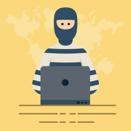 Hacker in black mask behind laptop vector cartoon illustration.のイラスト素材