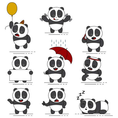 Cute funny pandas vector cartoon character. Set of exotic bears icons isolated on white background.のイラスト素材
