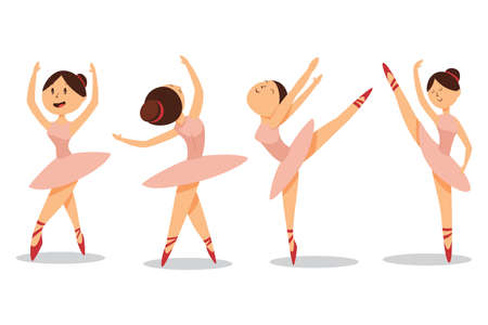 Cute ballerinas dance in ballet shoes and pink tutu. Vector cartoon set of little girls in dresses isolated on white background.のイラスト素材