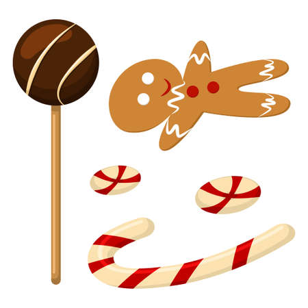 Christmas sweets: gingerman cookie, candy cane, lollipop and cake pops. Vector cartoon food icons isolated on white background.のイラスト素材