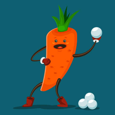 Cute Carrot cartoon character plays snowballs. Illustration of winter game. Vector flat funny vegetable icon with emotion isolated on background.のイラスト素材