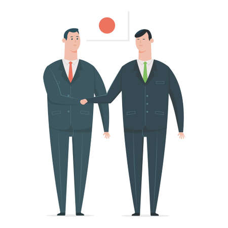 Japanese businessman handshake with a business partner. Vector cartoon character of office workers from different countries isolated on white background.のイラスト素材