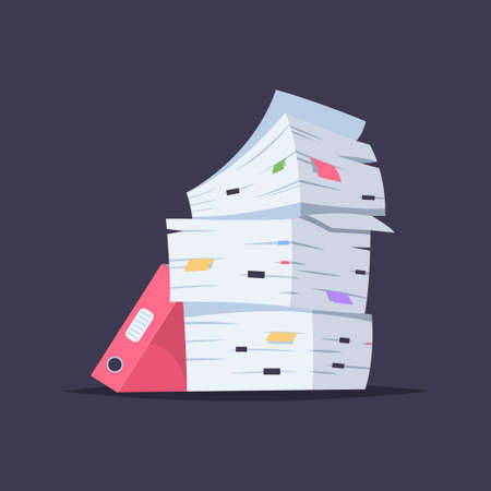 Stack of documents, files and folders. Vector cartoon flat illustration of office paper pile isolated on background.のイラスト素材