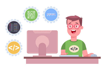 Programmer is working on the software. Vector cartoon flat illustration of a freelance web developer with computer isolated on a white background.のイラスト素材