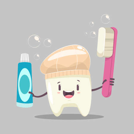 Happy tooth character with a toothbrush, toothpaste, shower cap and soap bubbles. Vector cartoon funny dental illustration.のイラスト素材