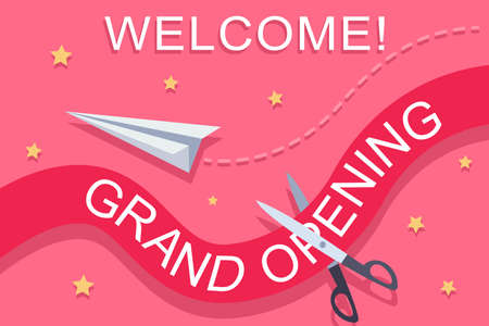 Grand opening invitation template with a red ribbon, scissors, paper airplane and golden stars. Vector banner design.のイラスト素材