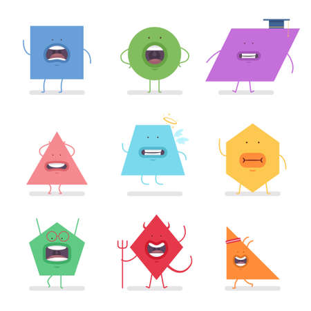 Funny geometric shapes with different emotions. Vector cartoon flat character set isolated on white background.のイラスト素材