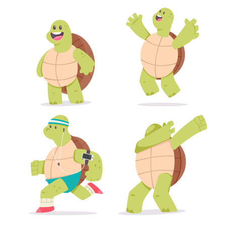 Cute Turtle cartoon character set. Vector illustration of funny mascot animal isolated on a white background background.のイラスト素材