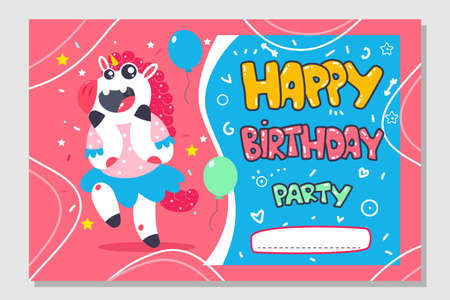 Happy birthday party with cute unicorn vector cartoon invitation card.のイラスト素材