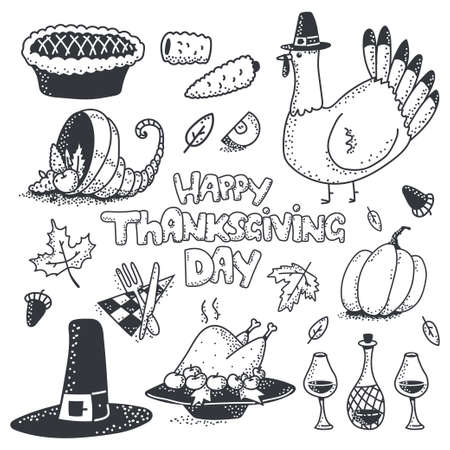 Happy Thanksgiving day doodle sketch element vector set isolated on a white background.のイラスト素材