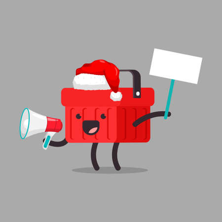 Funny shopping basket in Santa hat with sign vector cartoon character isolated on background.のイラスト素材