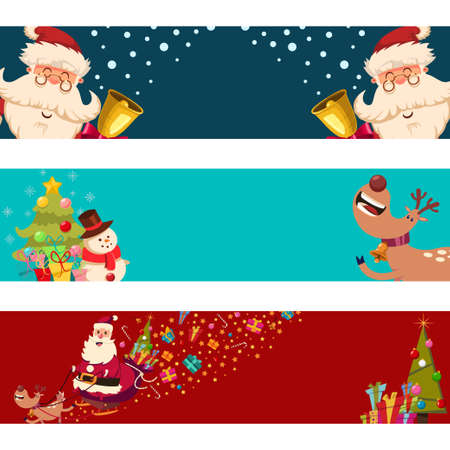 Christmas banners with Santa Claus, reindeer, snowman and tree vector set isolated on a white background.のイラスト素材