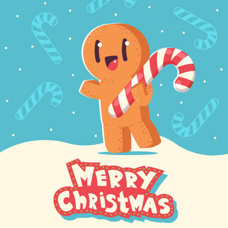 Christmas greeting card with cute gingerbread man cookie vector cartoon character on snowy background.のイラスト素材