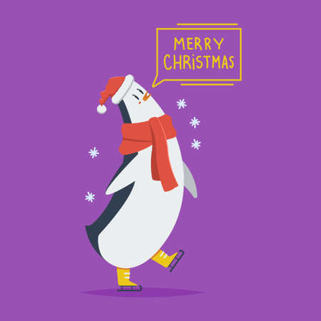 Funny cartoon penguin on skates and Merry Christmas hand drawn text. Vector holiday card template.のイラスト素材
