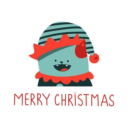 Cute Christmas cat in elf costume vector cartoon character isolated on a white background.のイラスト素材