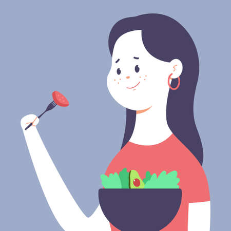 Cute girl eating healthy food vector cartoon character isolated on background.のイラスト素材