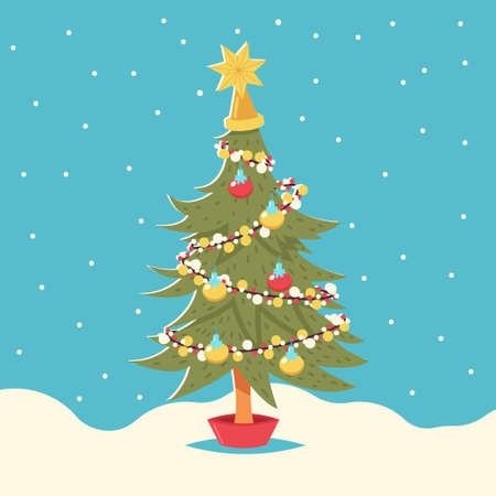 Decorated Christmas tree in a pot on a snow background. Vector cartoon illustration.のイラスト素材