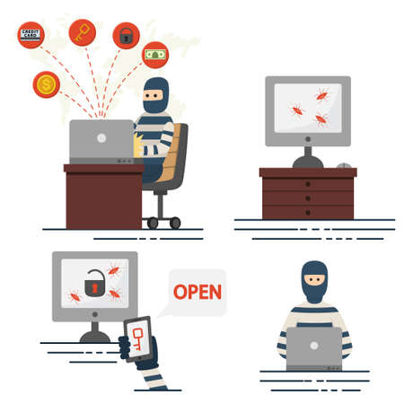 Hacker and cyber crime vector set of icons isolated on white background.のイラスト素材