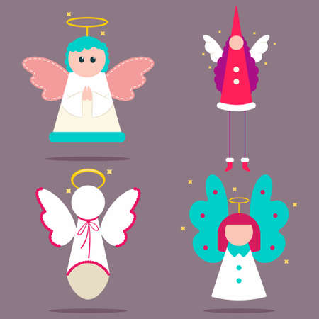 Christmas angel toys with wings and a halo. Vector cartoon flat holiday illustration isolated on background.のイラスト素材