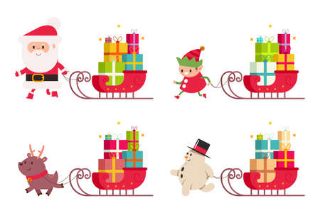 Christmas delivery with Santa Claus, reindeer, snowman, elf and sleigh with gift. Vector cartoon illustration set isolated on a white background.のイラスト素材