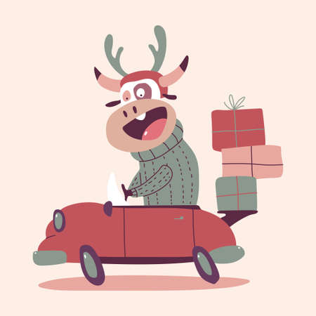 Cute Christmas bull in red car vector cartoon character isolated on background.のイラスト素材