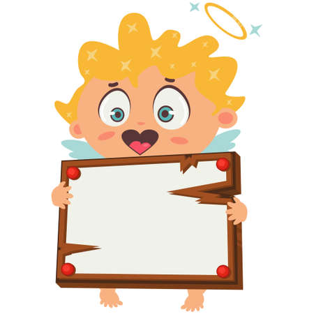 Cute cupid with a white wooden sign or message board for your text. Valentine's day symbol. Cartoon...