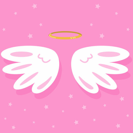 Cute angel wings and nimbus. Vector cartoon illustration on pink background.のイラスト素材