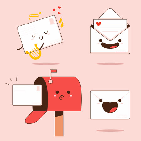 Cute mail vector cartoon characters set isolated on background.のイラスト素材