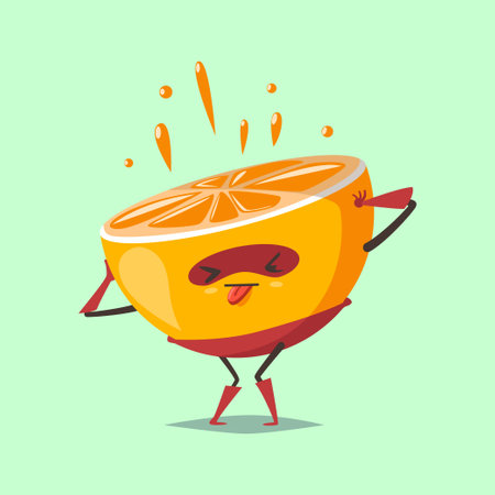 Cute Orange cartoon character of a fruit in a superhero costume and mask, squeezes out fresh juice. Vector concept illustration in a flat style for a healthy eating and lifestyle.のイラスト素材