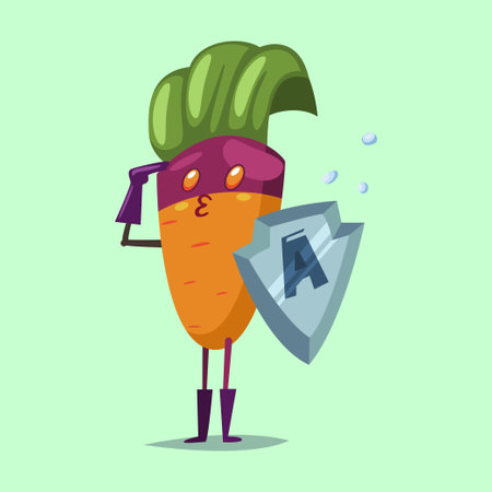 Cute Carrot cartoon character of a vegetable in a superhero costume, mask and metal shield. Vector concept illustration in a flat style for a healthy eating and lifestyle.のイラスト素材