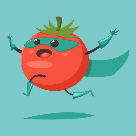 Cute happy Tomato cartoon character of a vegetable in a superhero costume, mask and cloak. Vector concept illustration in a flat style for a healthy eating and lifestyle.のイラスト素材