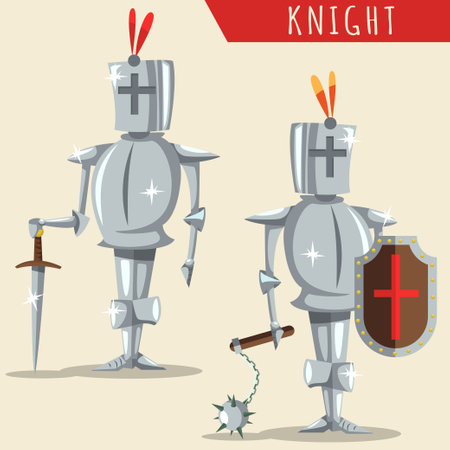 Medieval knight armor with a helmet, sword, shield and mace. Vector cartoon illustration isolated on background.のイラスト素材
