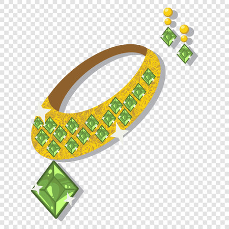 Jewelry accessories: necklace and earrings with green gemstones. Vector cartoon illustration isolated on a transparent background.のイラスト素材