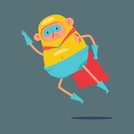 Funny flying superhero vector cartoon character isolated on background.のイラスト素材