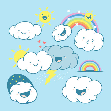 Cute cloud, sun and rainbow vector cartoon characters set isolated on a white background.のイラスト素材