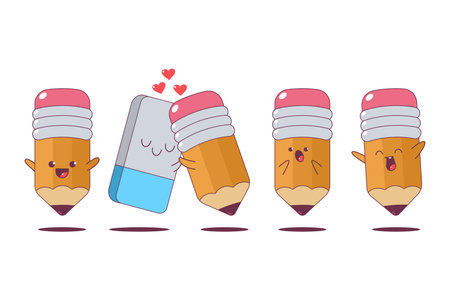 Cute pencil and eraser vector cartoon characters set isolated on a white background.のイラスト素材