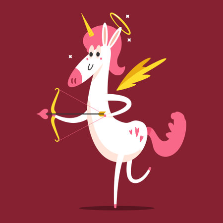 Cute unicorn cupid with bow and arrow vector cartoon character isolated on background.のイラスト素材