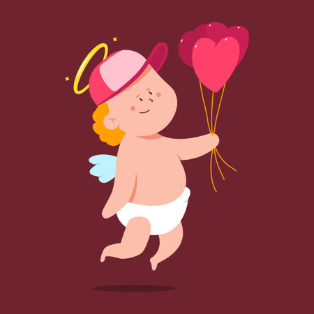 Cute cupid delivery with heart shaped balloons vector cartoon character isolated on background.のイラスト素材