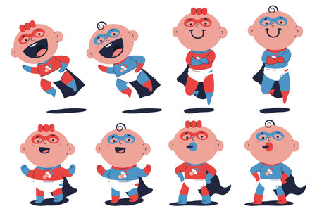 Cute superhero baby boy and girl vector cartoon characters set isolated on white background.のイラスト素材