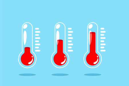 Temperature icon vector set. Thermometer on blue background.
