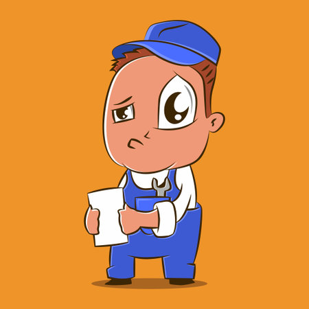 Auto car mechanic vector cartoon character for auto repair shop. Illustration with a man in blue coverall with a paper in his hand. Design for a logo or corporate style.のイラスト素材