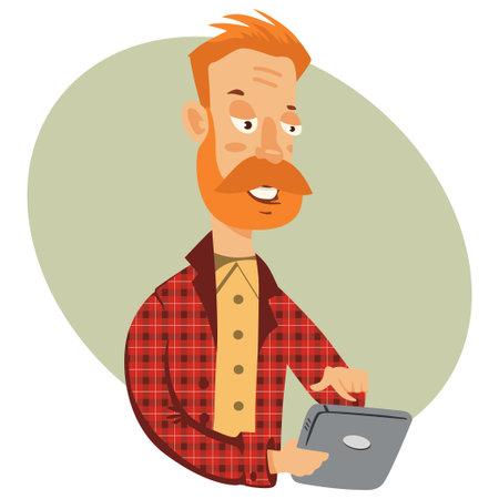 Hipster man with a beard and a tablet. Vector character illustration isolated on white background.のイラスト素材