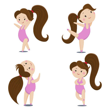 Cute ballerina girl cartoon vector characters set isolated on white background.のイラスト素材