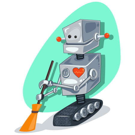 Robot cleaner character with a broom. Vector cartoon cleaning illustration.のイラスト素材