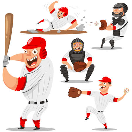 Baseball team players vector character set. Pitcher, catcher, batter, runner and shortstop. Illustration sportsmans in sportswear isolated on white background.のイラスト素材