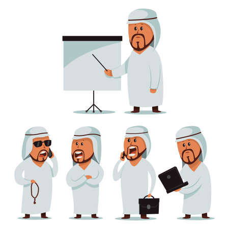 Arab man. Vector cartoon set of businessmen character. Male with a mobile phone and briefcase, laptop, chaplet and with blank chart board. Illustration for business isolated on a white background.のイラスト素材