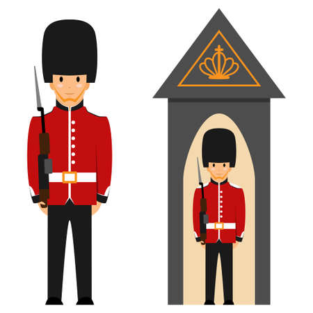 Queen's guard. Vector flat illustration of a British soldier in uniform with a gun isolated on white background.のイラスト素材